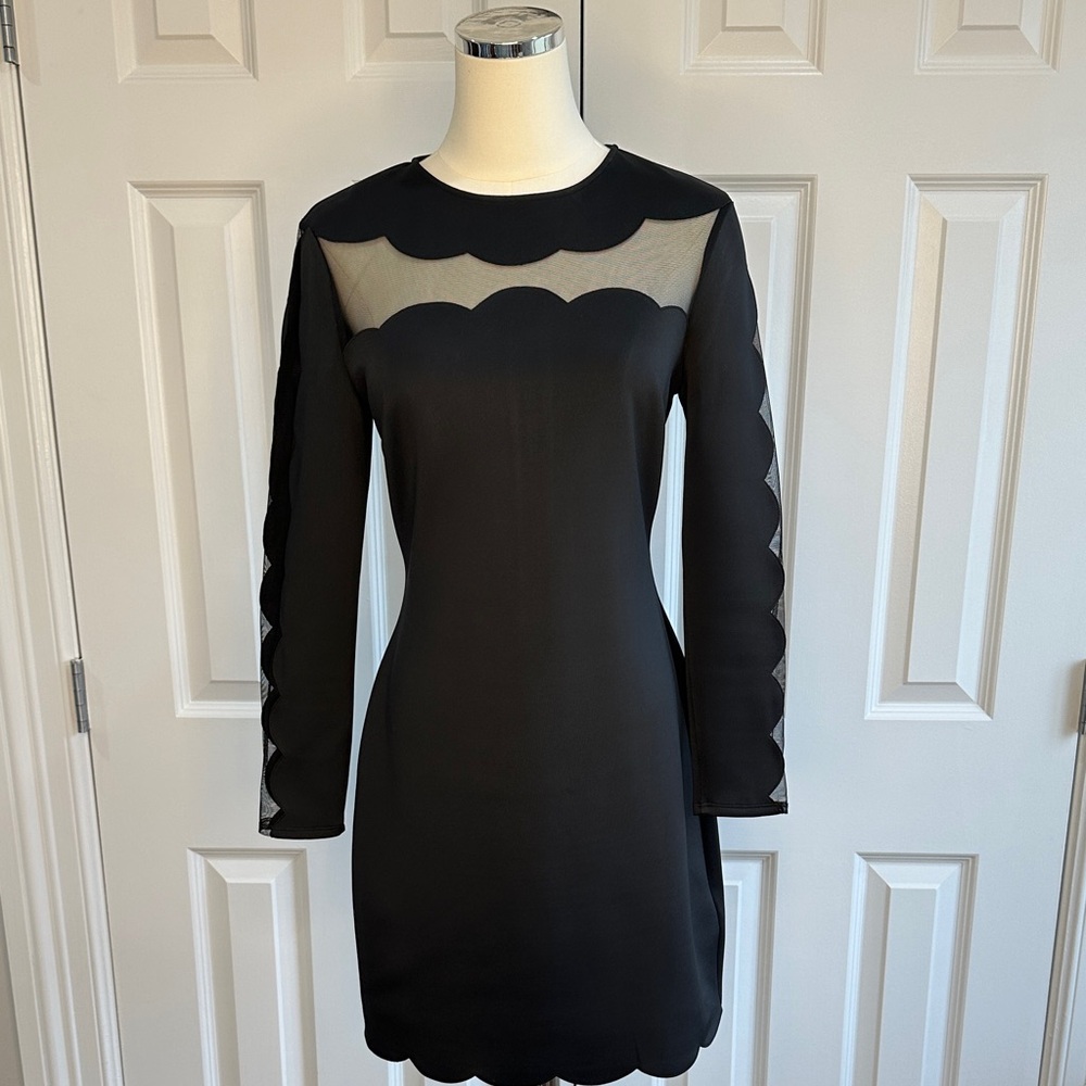 Ted Baker London Black Bodycon Illusion Dress Scalloped Fitted Mesh Cocktail 6